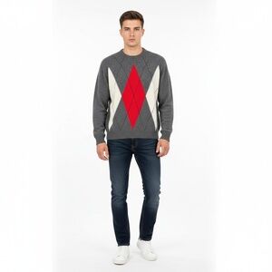 Vintage Benetton Made in Italy Wool Argyle Sweater Gray Red Cream Size L